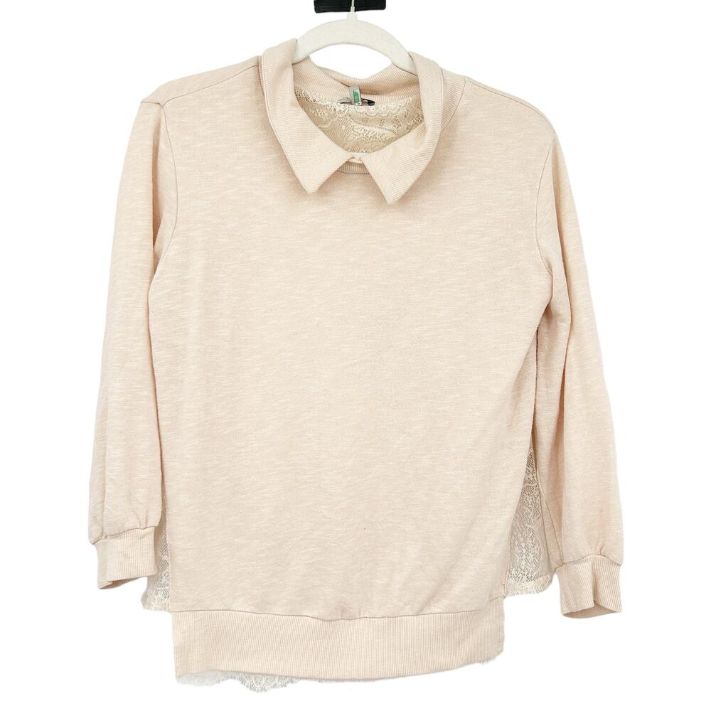 CLU Womens Cotton Blend Lace Trim Pullover Collared Sweatshirt‎ Size S Blush